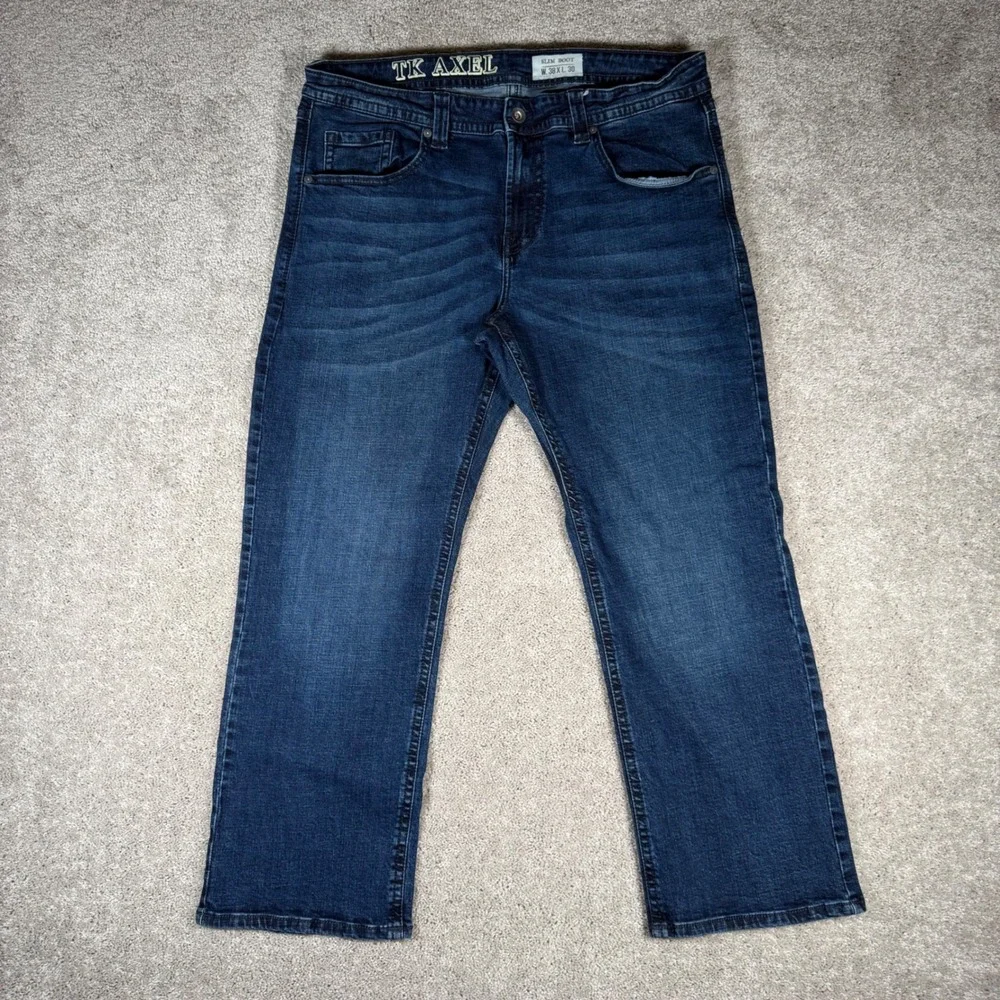 TK Axel Slim Boot Men's 38x30 Dark Wash Blue Denim Jeans Stretch Cotton Blend